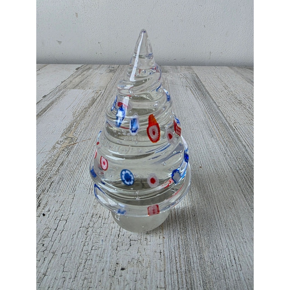 Vintage millfriori Glass tree paperweight decor Xmas blue red swirl‎